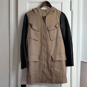DKNY cotton and perforated leather utility coat size small EUC flaws